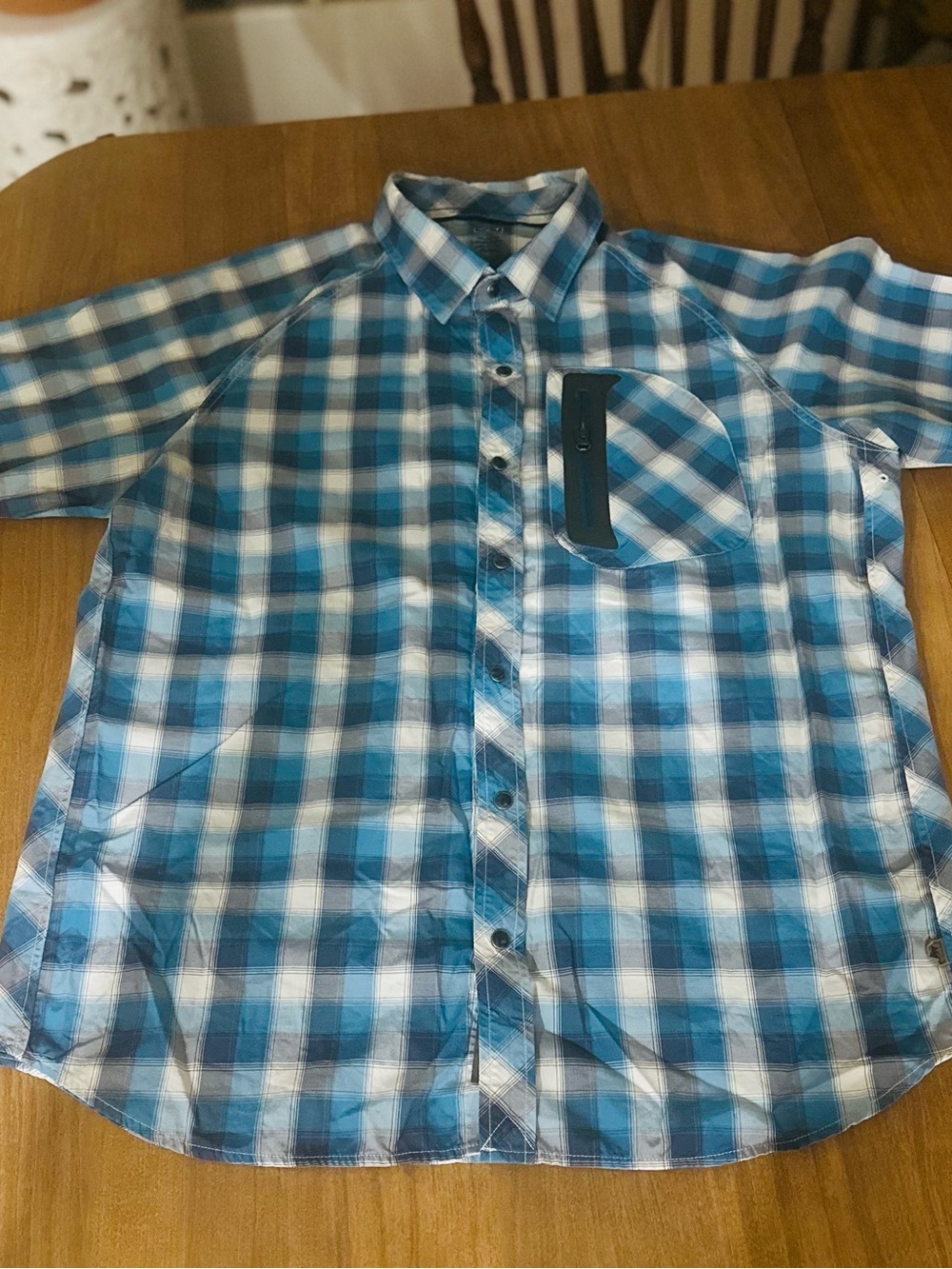 REI Blue, Teal and White Plaid Short-Sleeve Button-Down Shirt